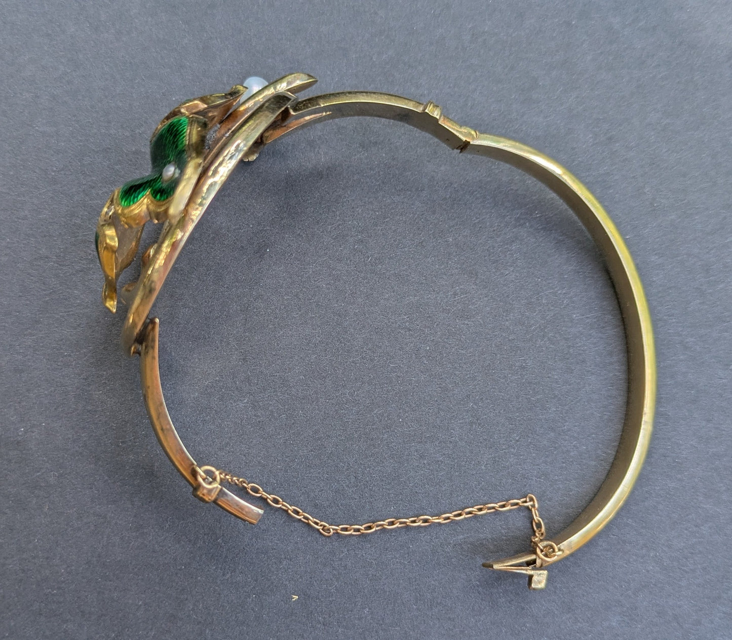 Early 1900's 14k Hinge Bangle Bracelet with Green Enamel and Seed Pearl