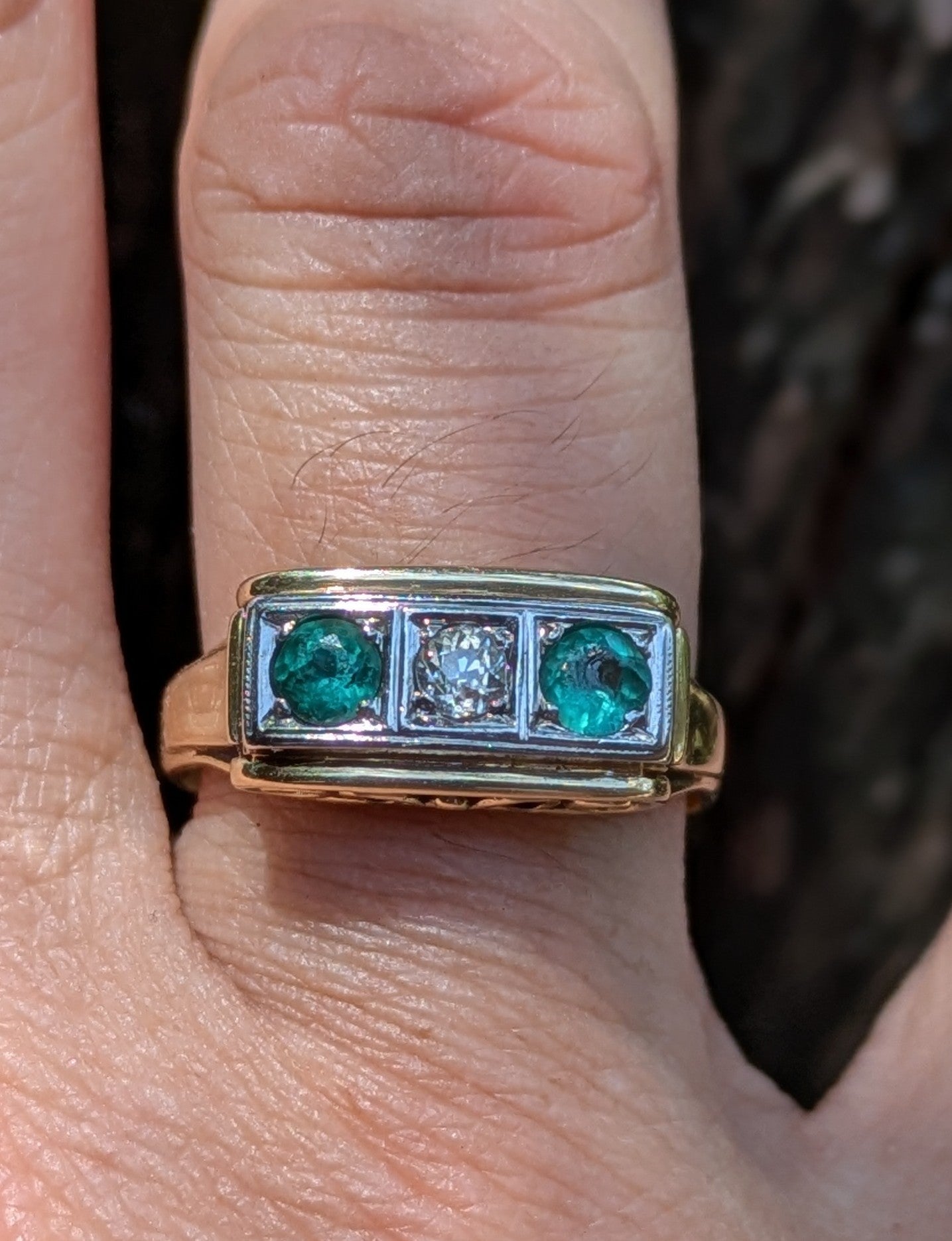German 1950's 14k Three Stone Emerald and Diamond Ring