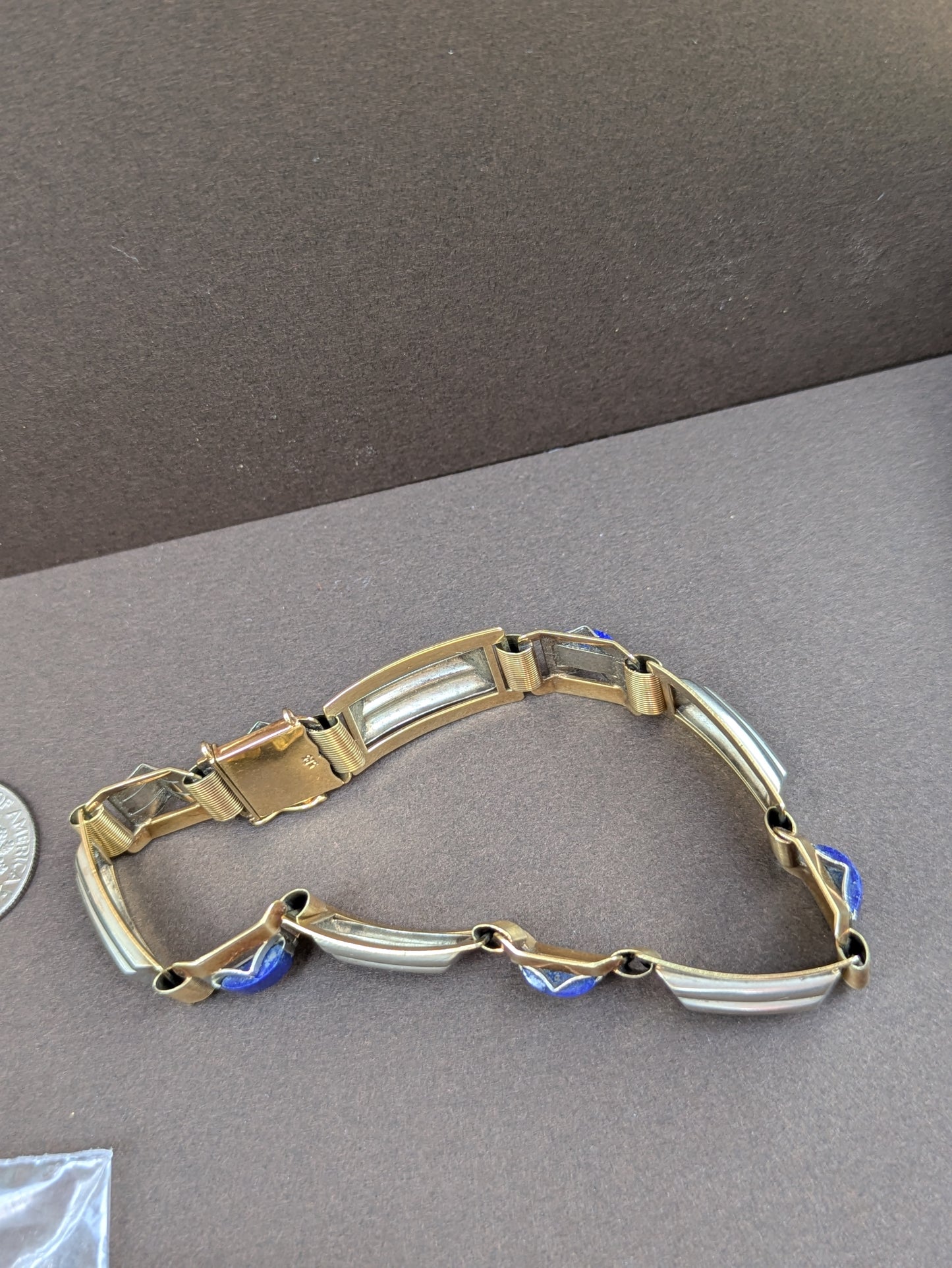 14kt Two-Tone Arts and Craft Era Lapis Bracelet