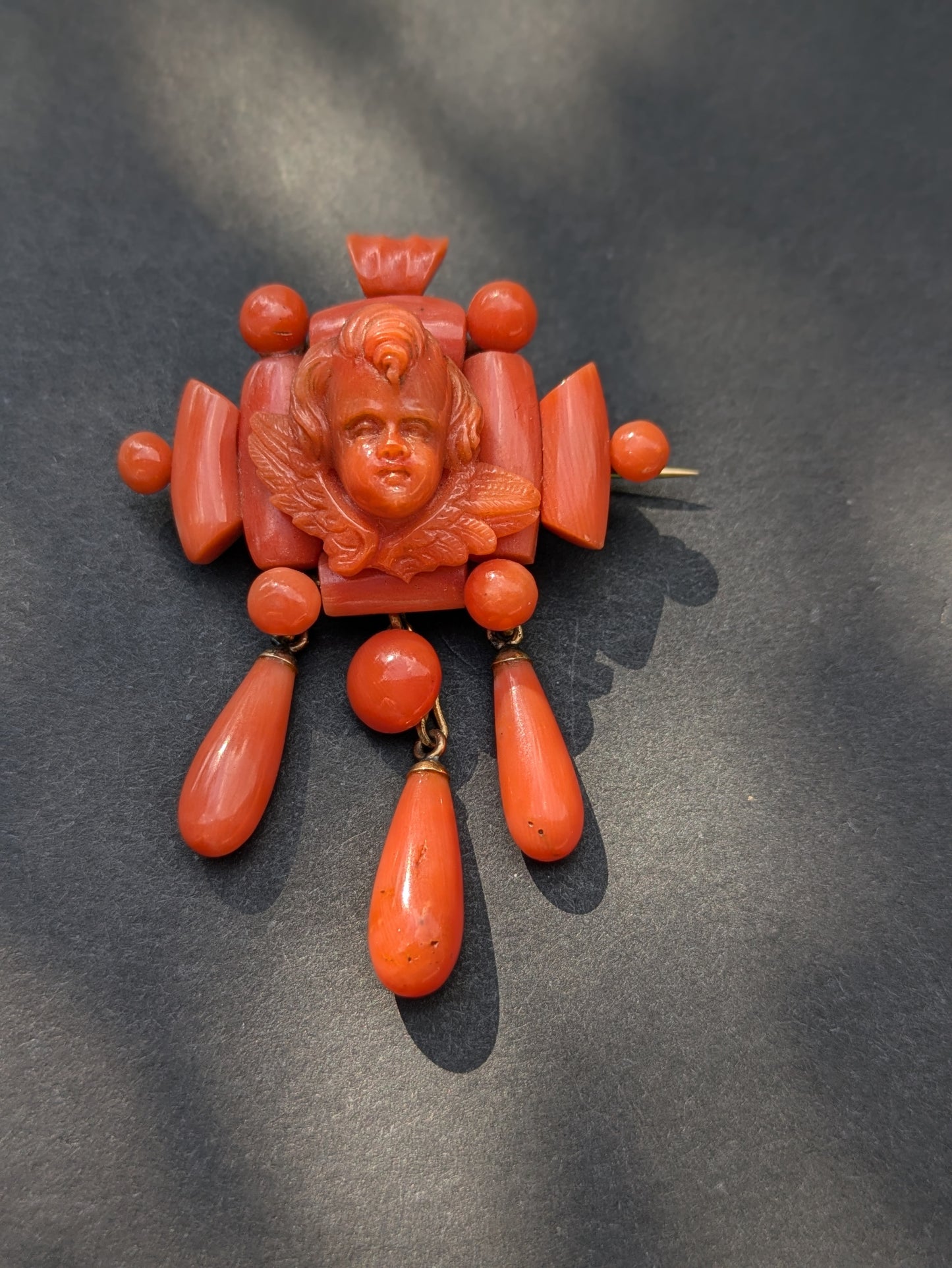 18k Carved Coral Cherub Brooch with Drops Late 1800's