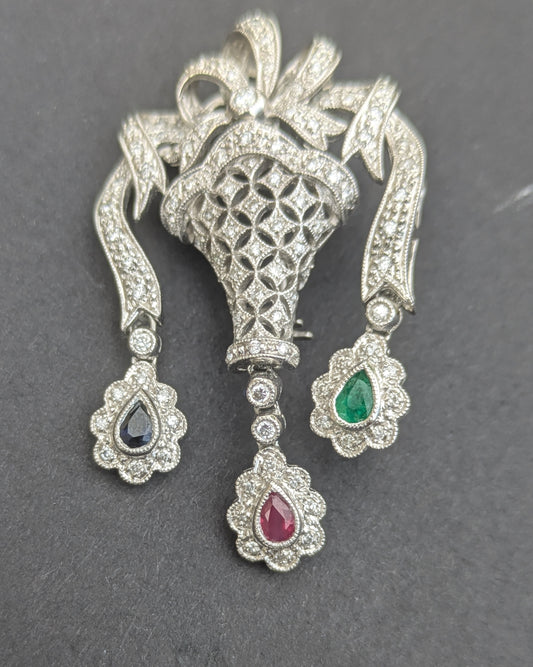18k White Gold, Diamond, Sapphire, Ruby and Emerald Brooch