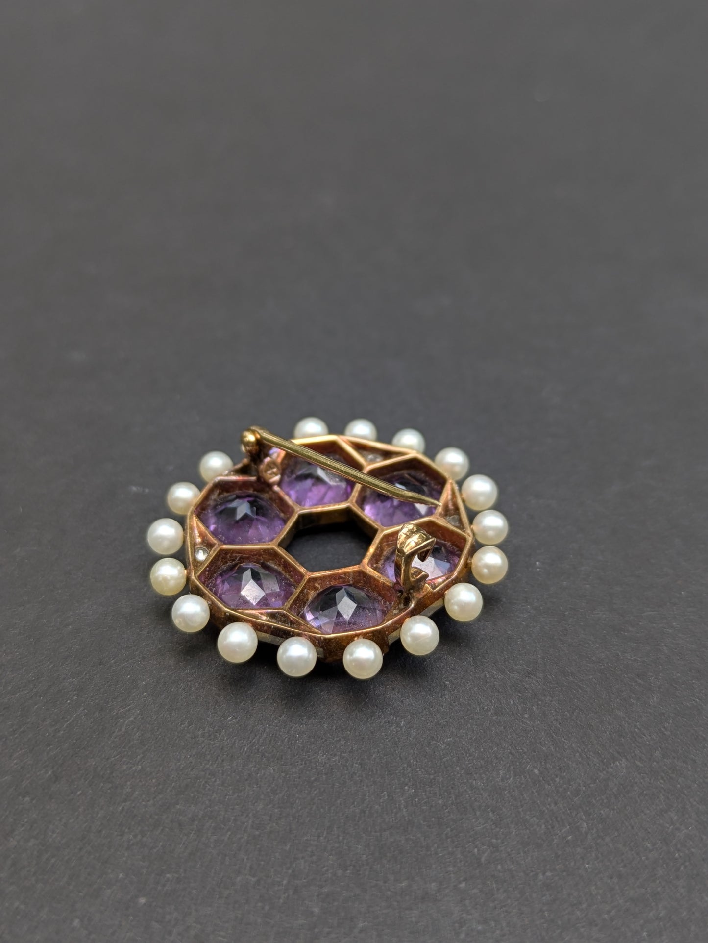 14k Diamond, Pearl, and Amethyst Art Deco Brooch