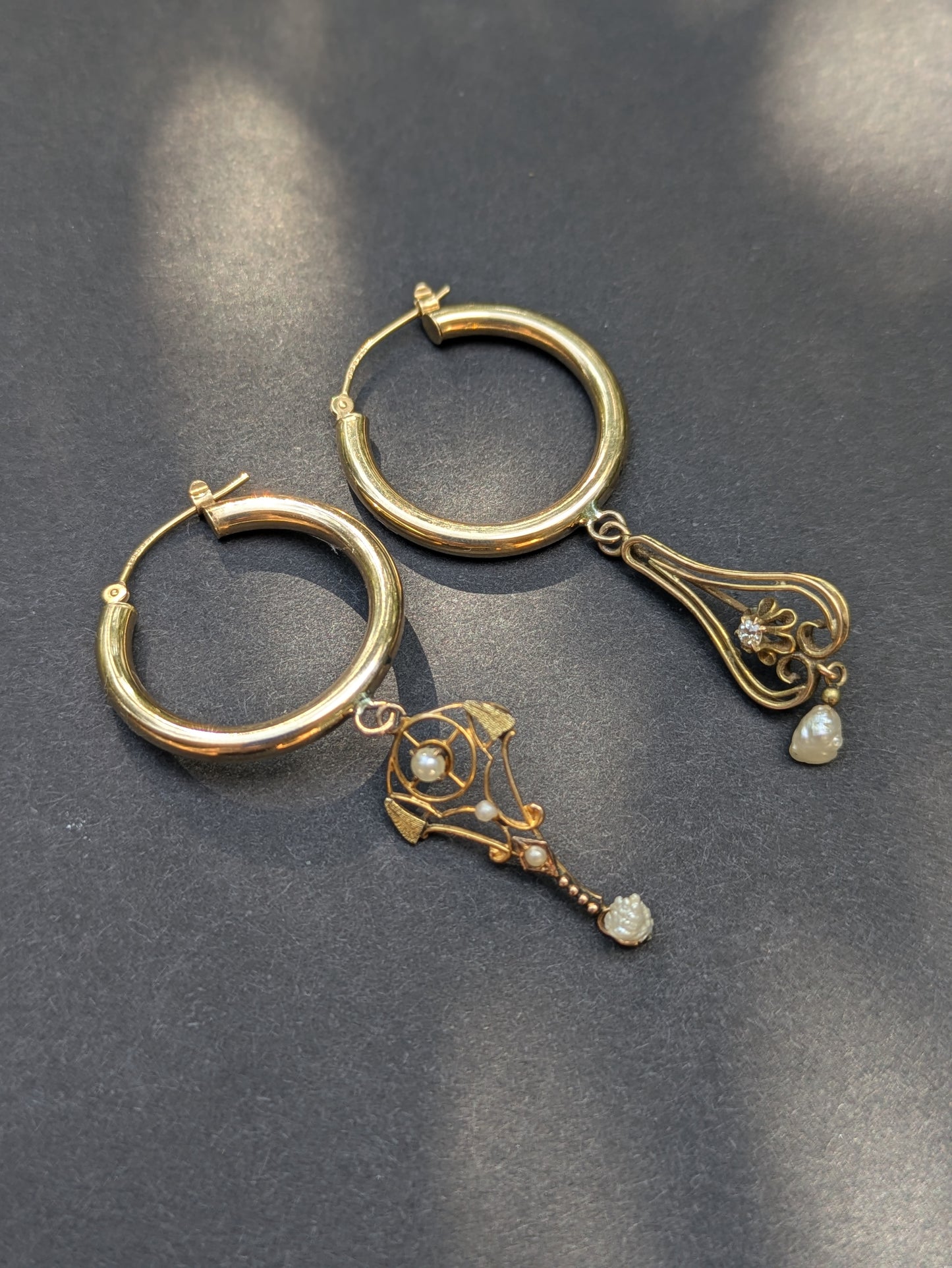 14k Hoop Earrings with Art Nouveau Diamond and Pearl Lavelier