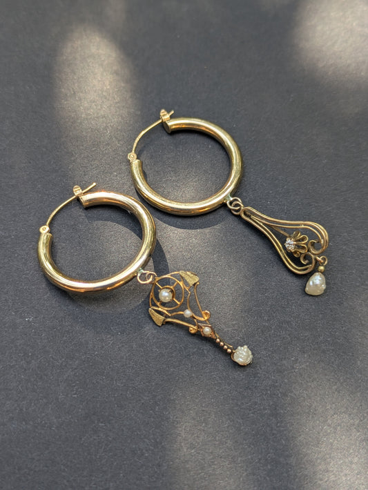 14k Hoop Earrings with Art Nouveau Diamond and Pearl Lavelier