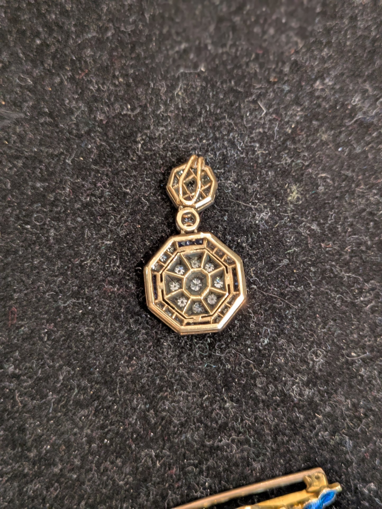 Sapphire and Diamond 14kt and Silver Art Deco Pendant