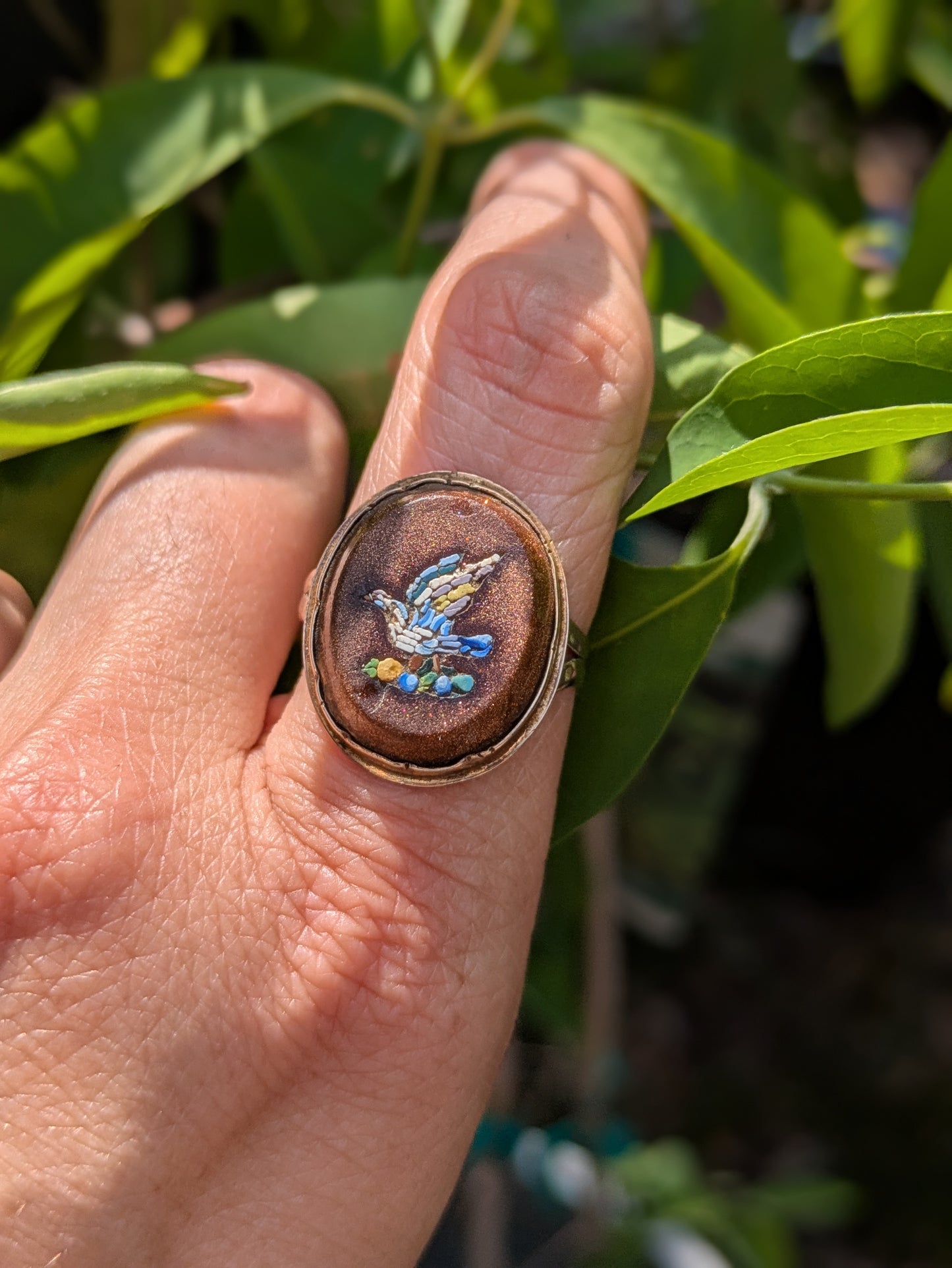 14kt Peitra Dura Goldstone Ring with Dove