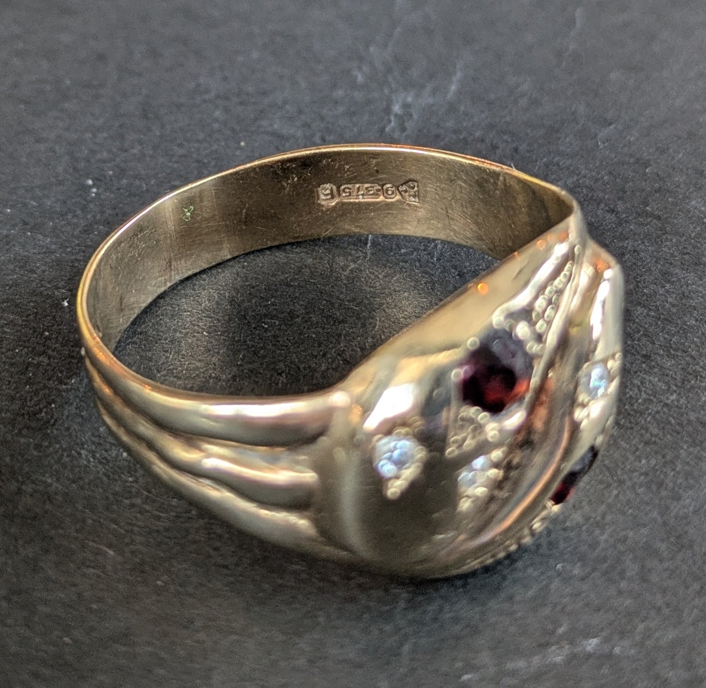 English Double Snake Ring With Garnet & OEC Diamond