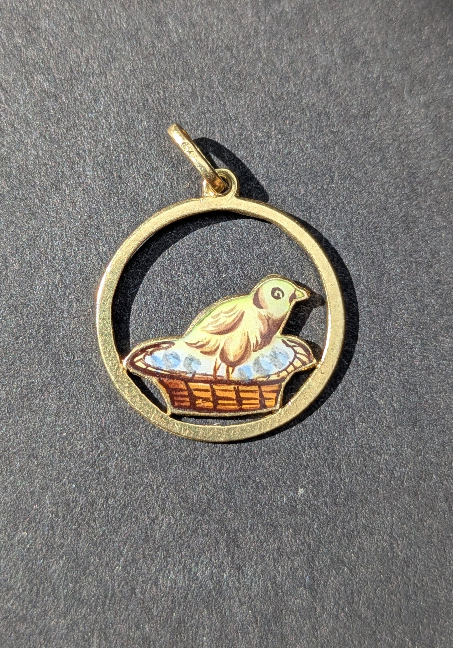18kt Enamel Baby Chick in Basket Disk Charm