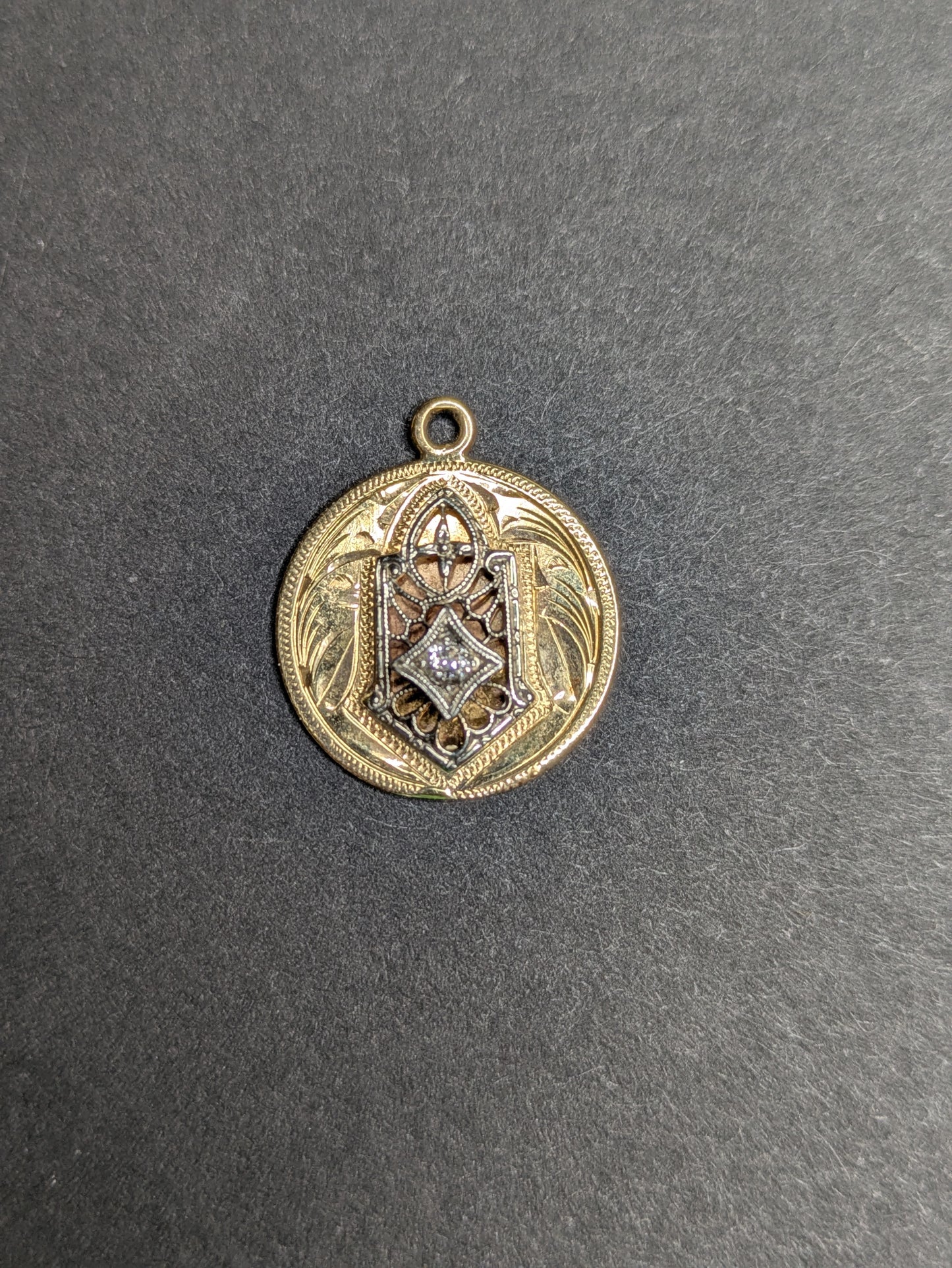 14kt Engraved Disk Charm with added Stick Pin Filigree and Diamond
