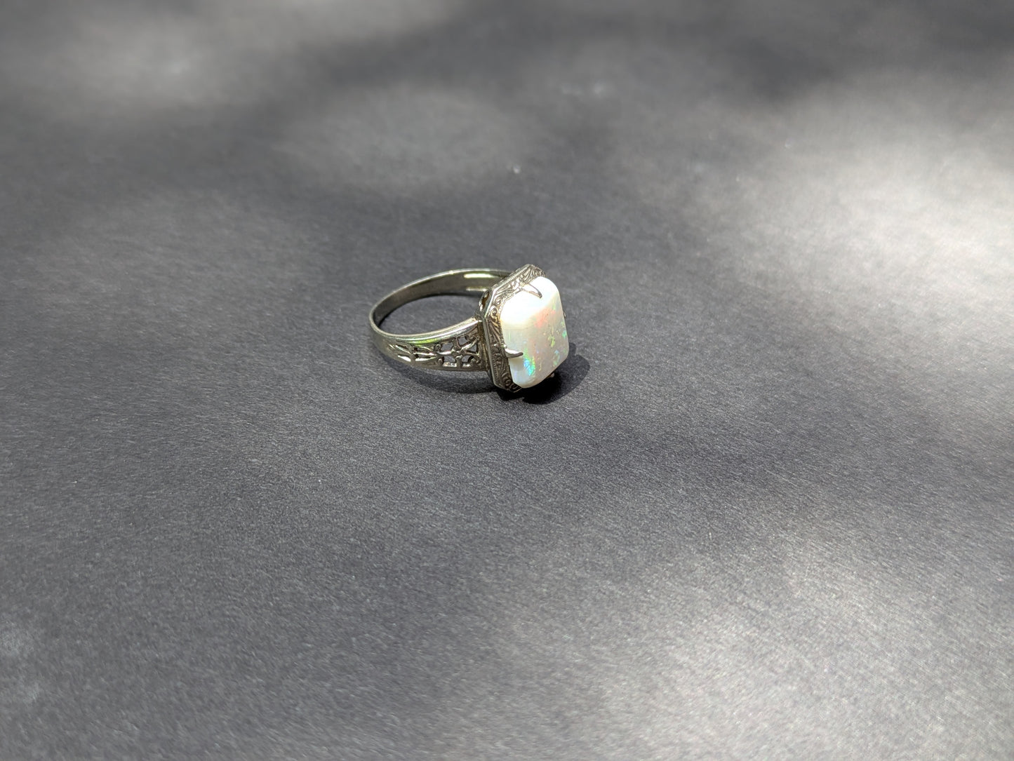 14kt White Gold Filigree Ring with Elongated Cushion Cut Opal
