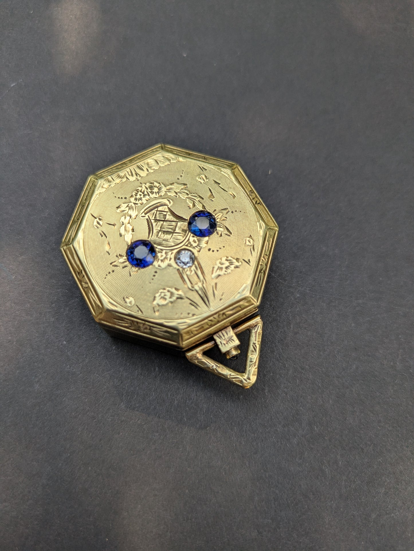 Edwardian 14kt Compact Sapphire and Diamond Hand Engraved