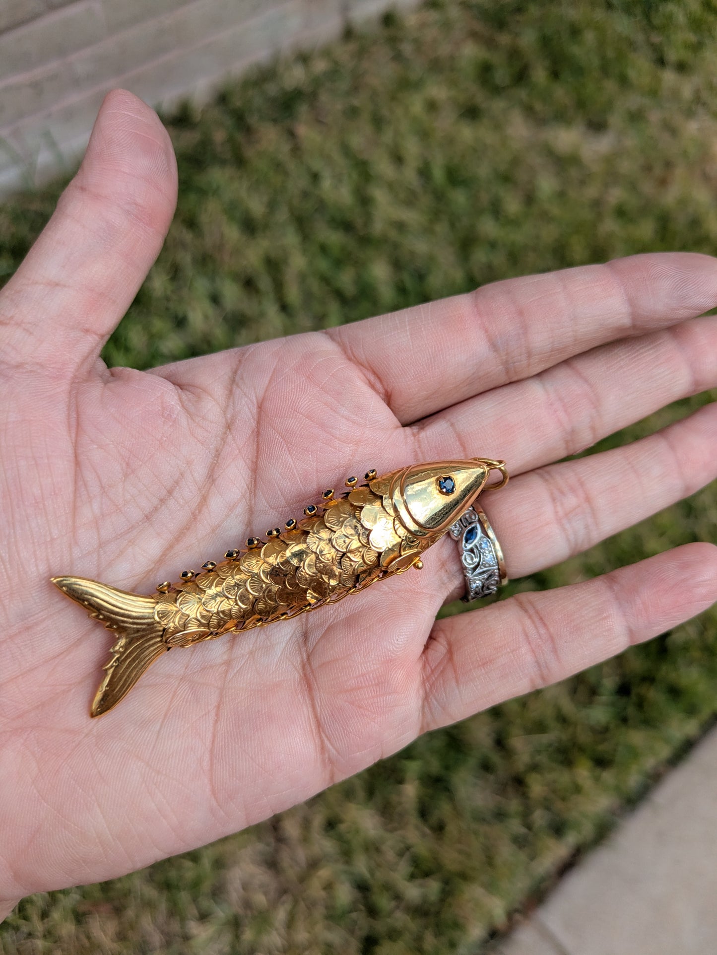 Large 14k Articulated Fish Pendant with Sapphires