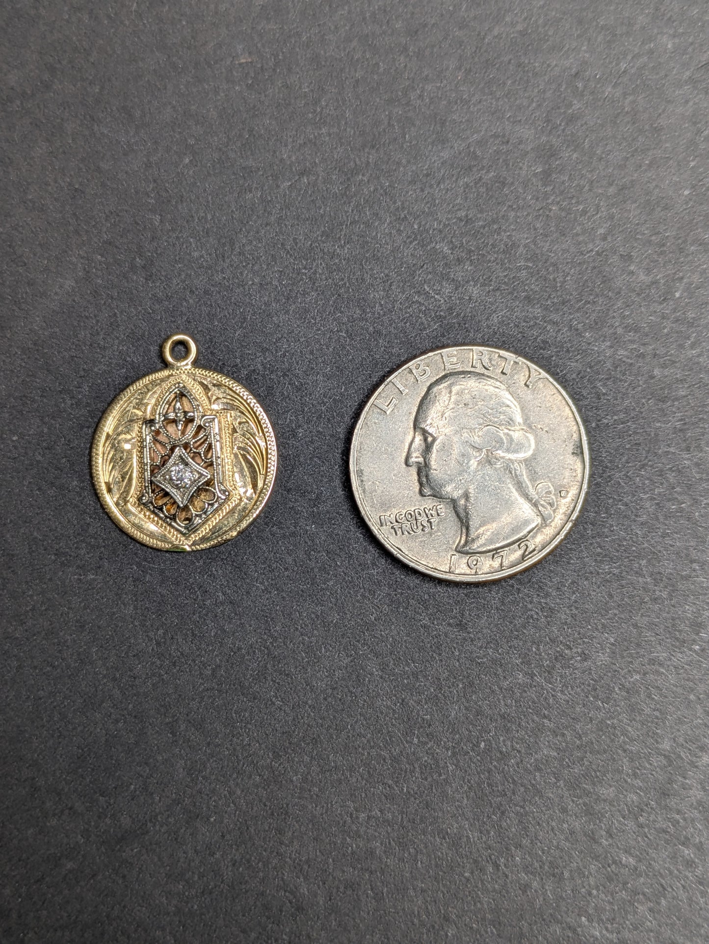 14kt Engraved Disk Charm with added Stick Pin Filigree and Diamond