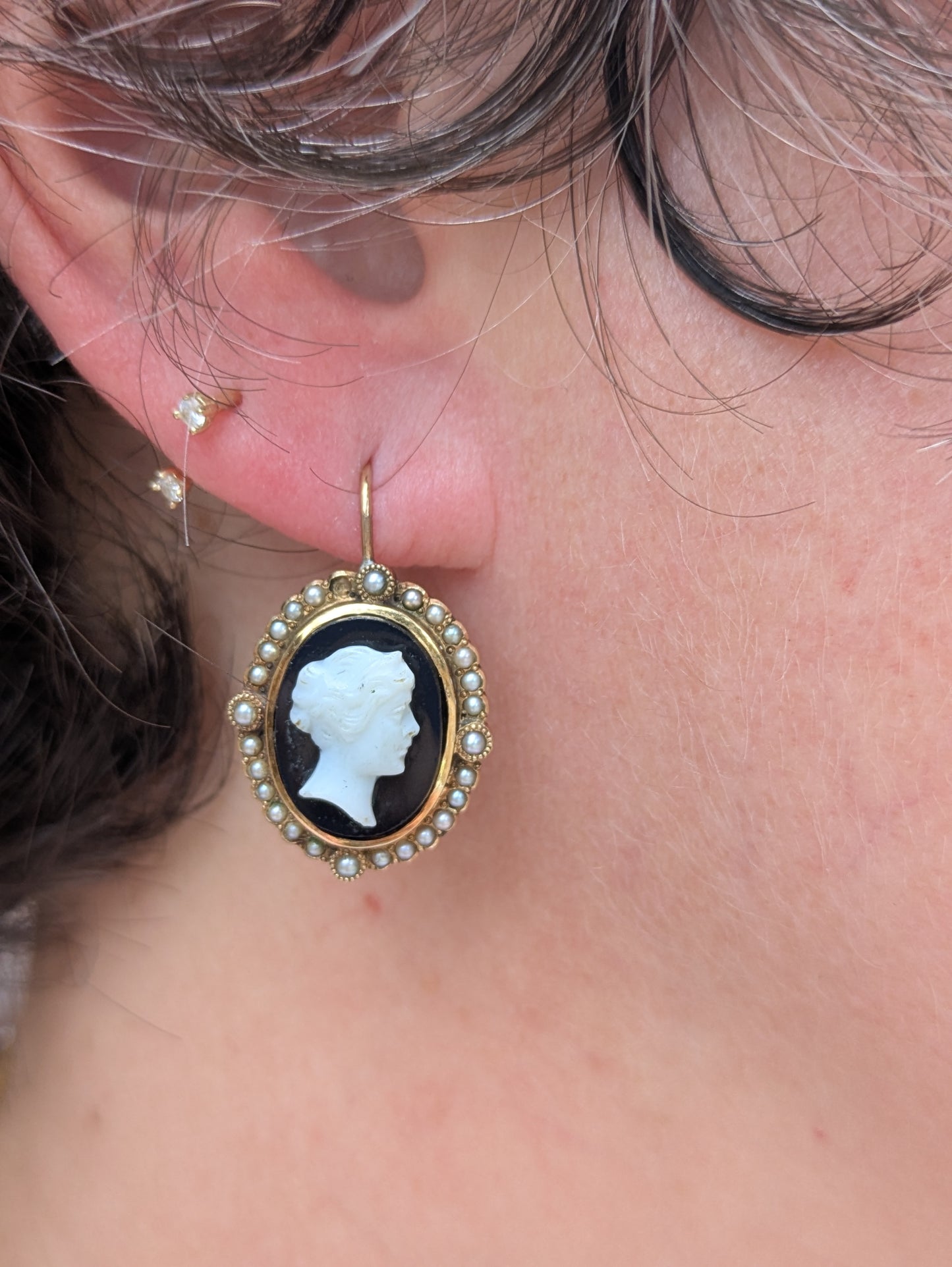 14k Onyx Cameo Conversion Earrings with Pearl and Shepherd Hooks