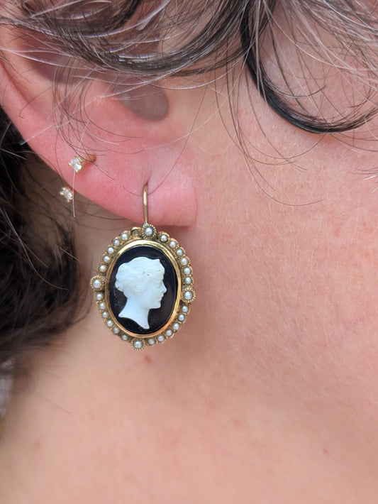 14k Onyx Cameo Conversion Earrings with Pearl and Shepherd Hooks