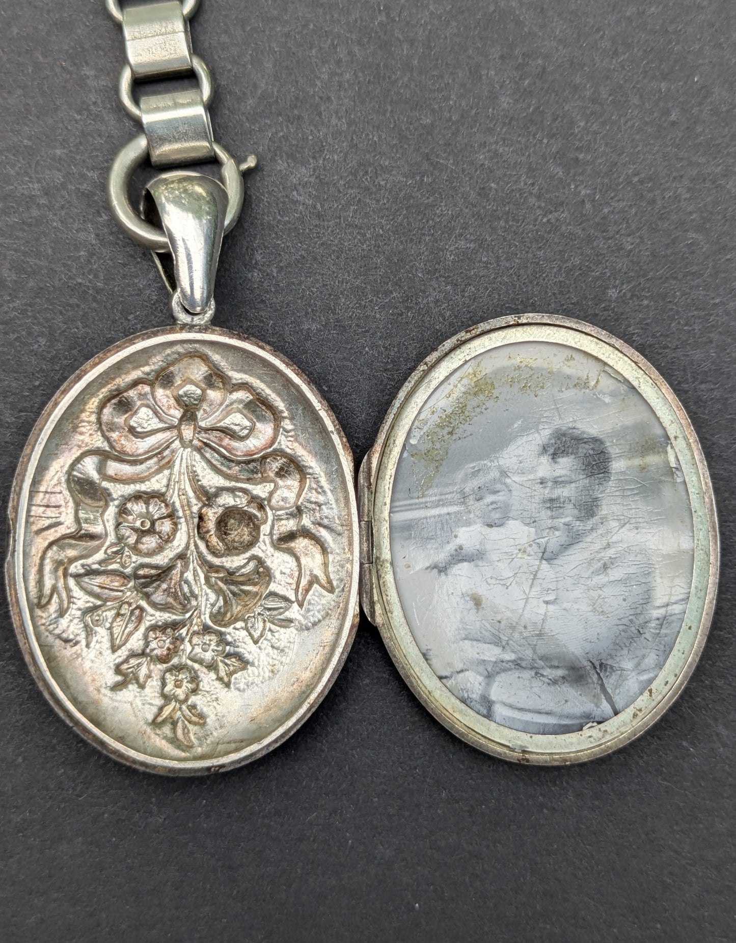 English Sterling Book Chain with Repousse Floral Locket