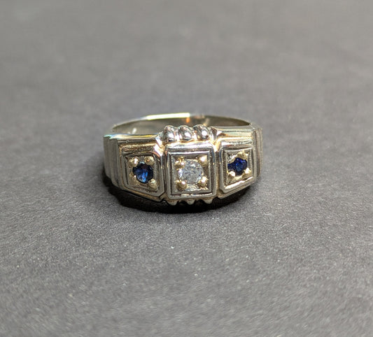 14k White Gold 1930's Sapphire and Diamond Ring