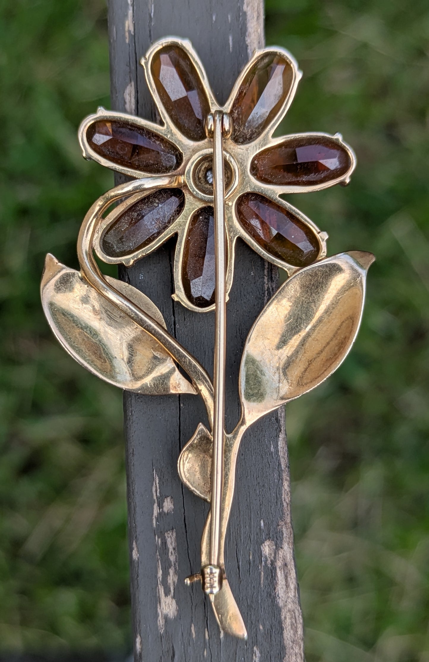 1940's 14k Flower Brooch with Citrine and Diamond