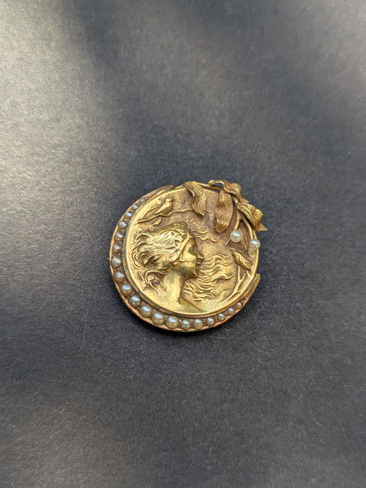 Art Nouveau Brooch Women in the Moon Cresent Pearl
