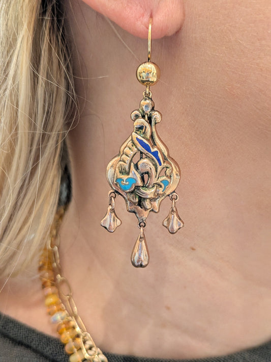 Fantastic Late 1800's Blue Enamel Earrings