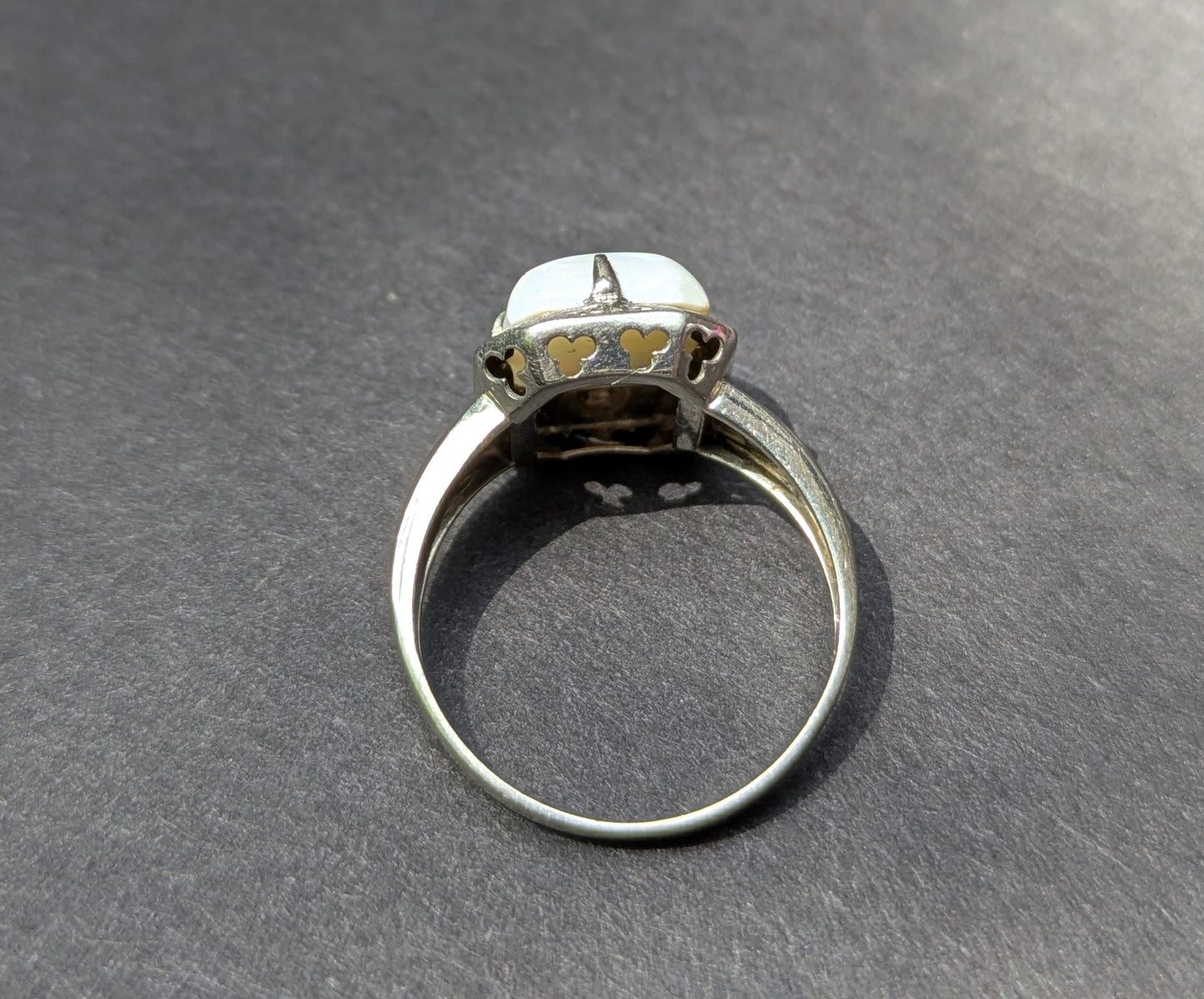 14kt White Gold Filigree Ring with Elongated Cushion Cut Opal