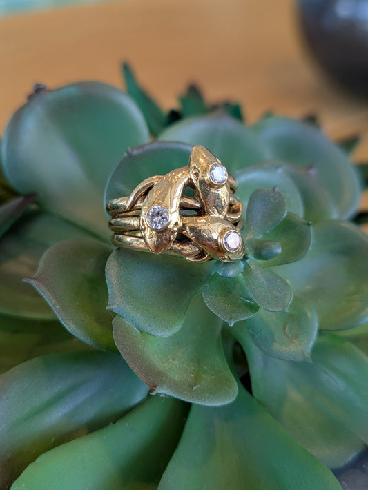 14k 3 Snake Ring with Old European Cut Diamonds