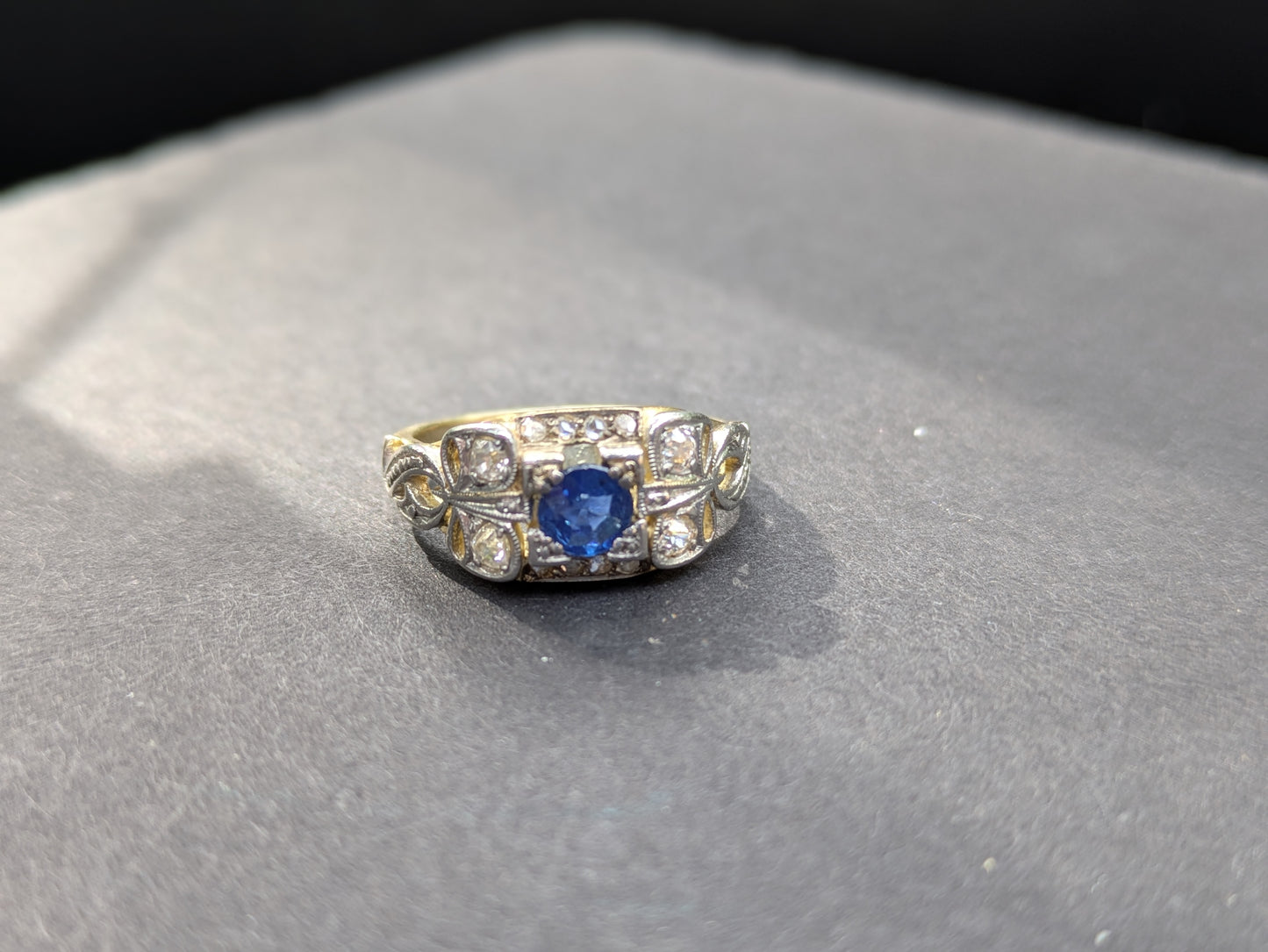 Platinum, 18k, Diamond and Sapphire Ring with Bow Details