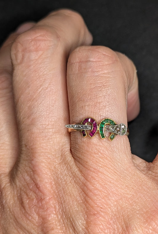 18k and Platinum Ruby and Emerald Horseshoe with Diamond Nail- Conversion to 14k Ring