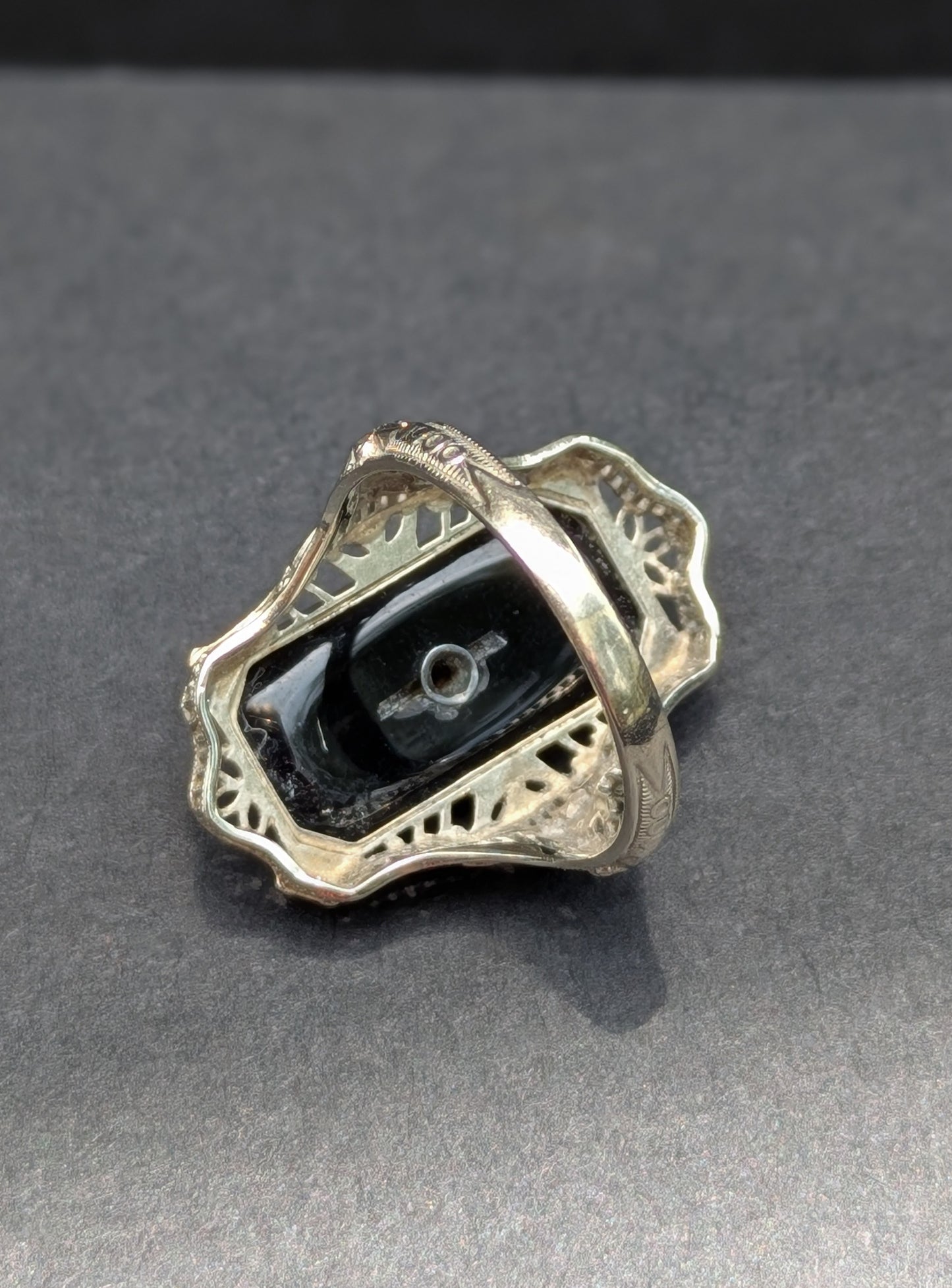 14kt White Gold Filigree Ring Set with Onyx Rock Crystal & Diamond