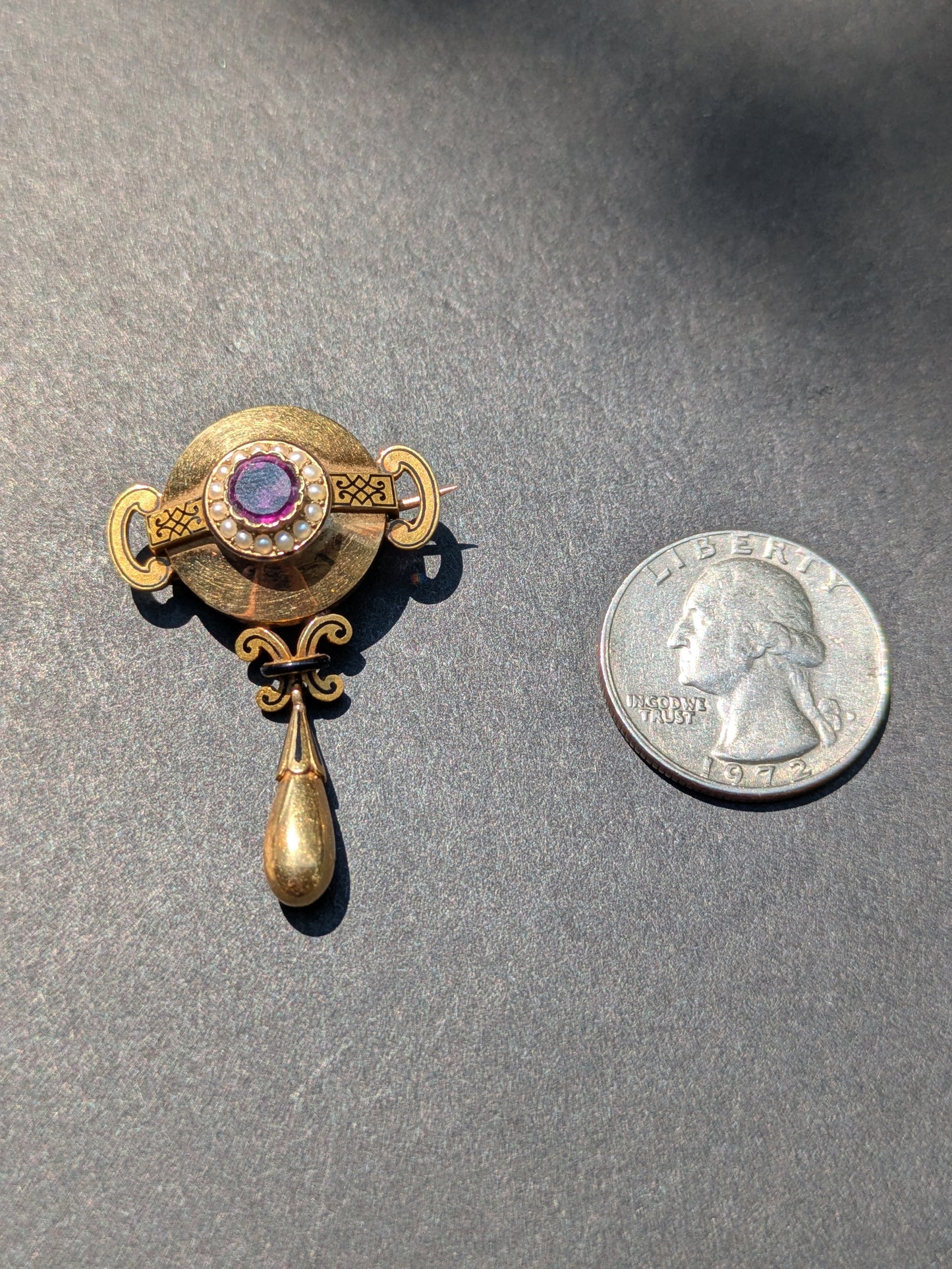 14kt Amethyst Seed Pearl and Enamel Brooch