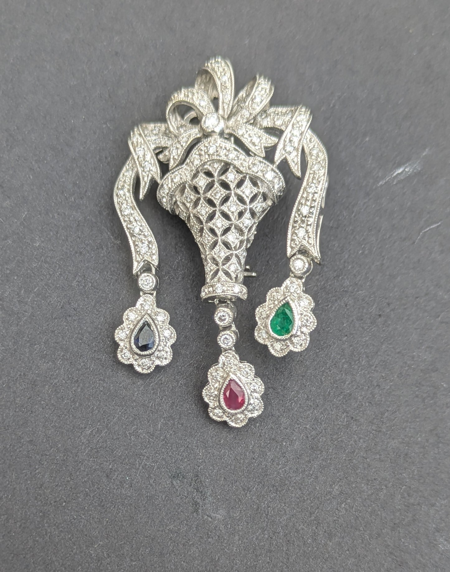 18k White Gold, Diamond, Sapphire, Ruby and Emerald Brooch