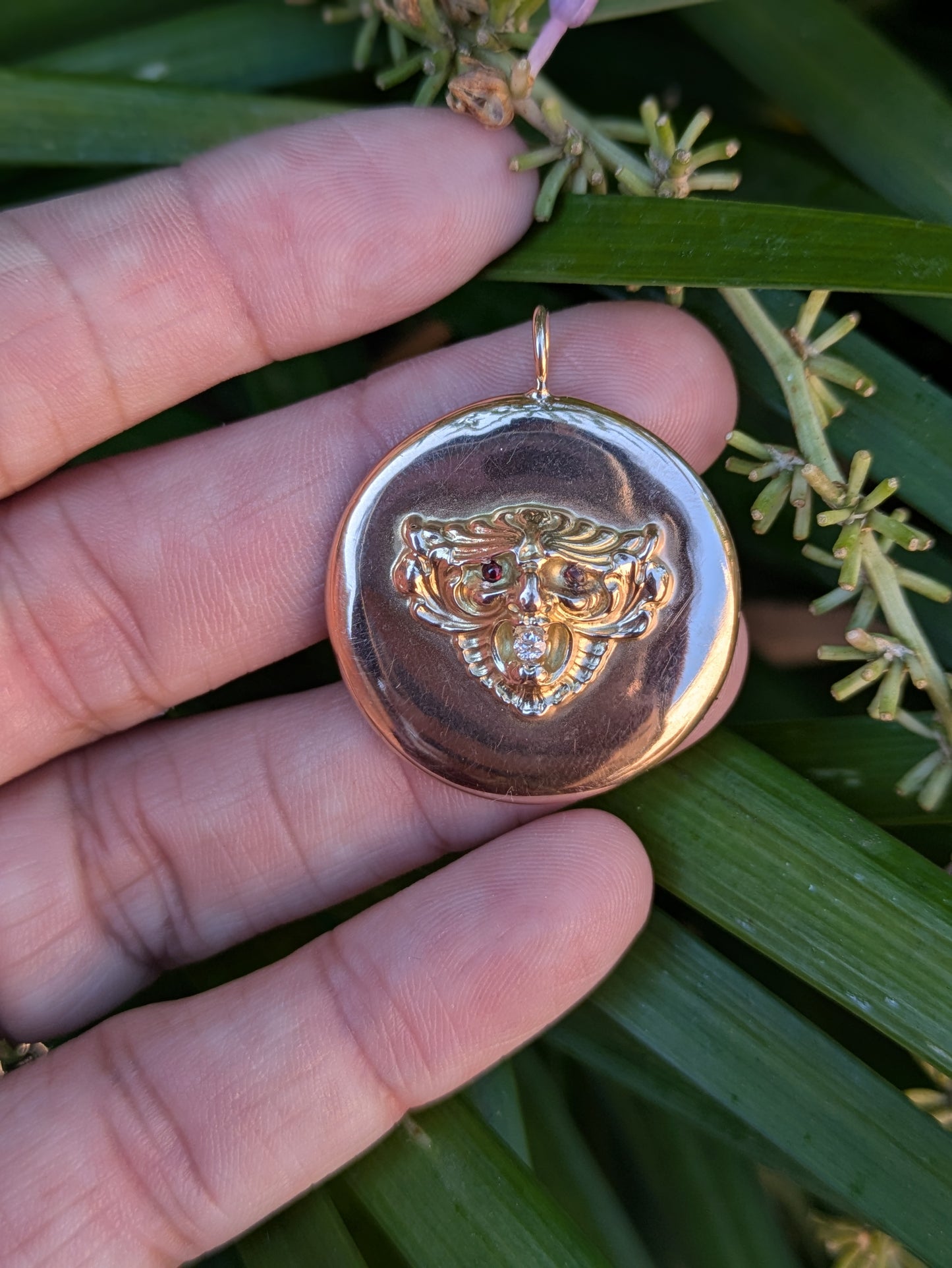 Repousse Lion Pendant with Ruby & Diamond