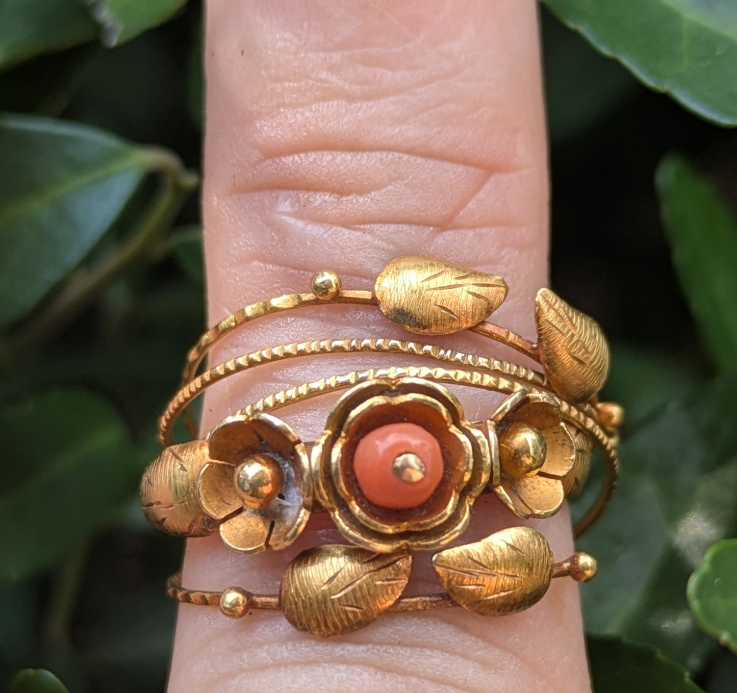 18kt Iberian Puzzle Ring with Coral Flowers
