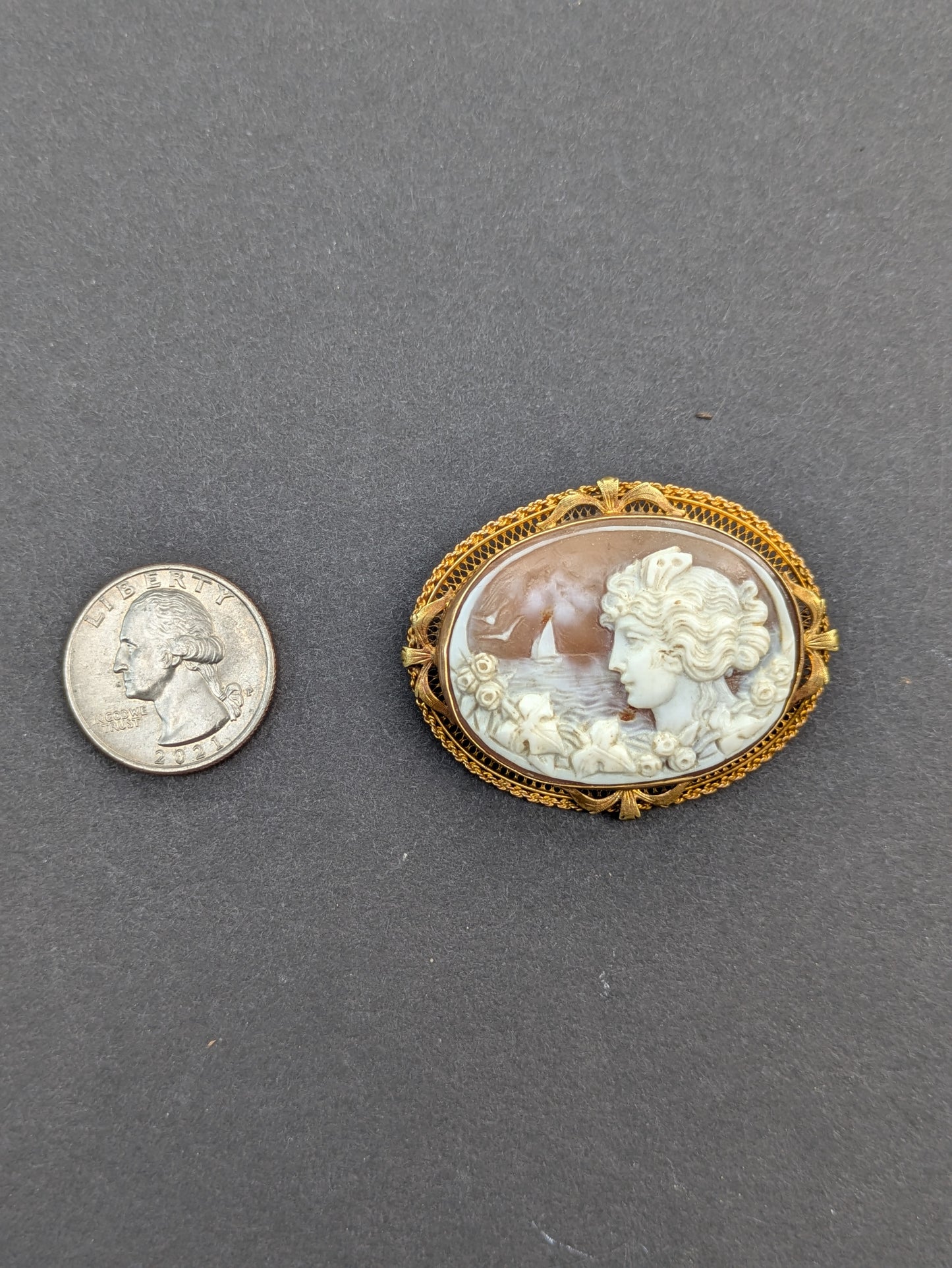 Elaborate Oval Shell Cameo Brooch in 10k Frame
