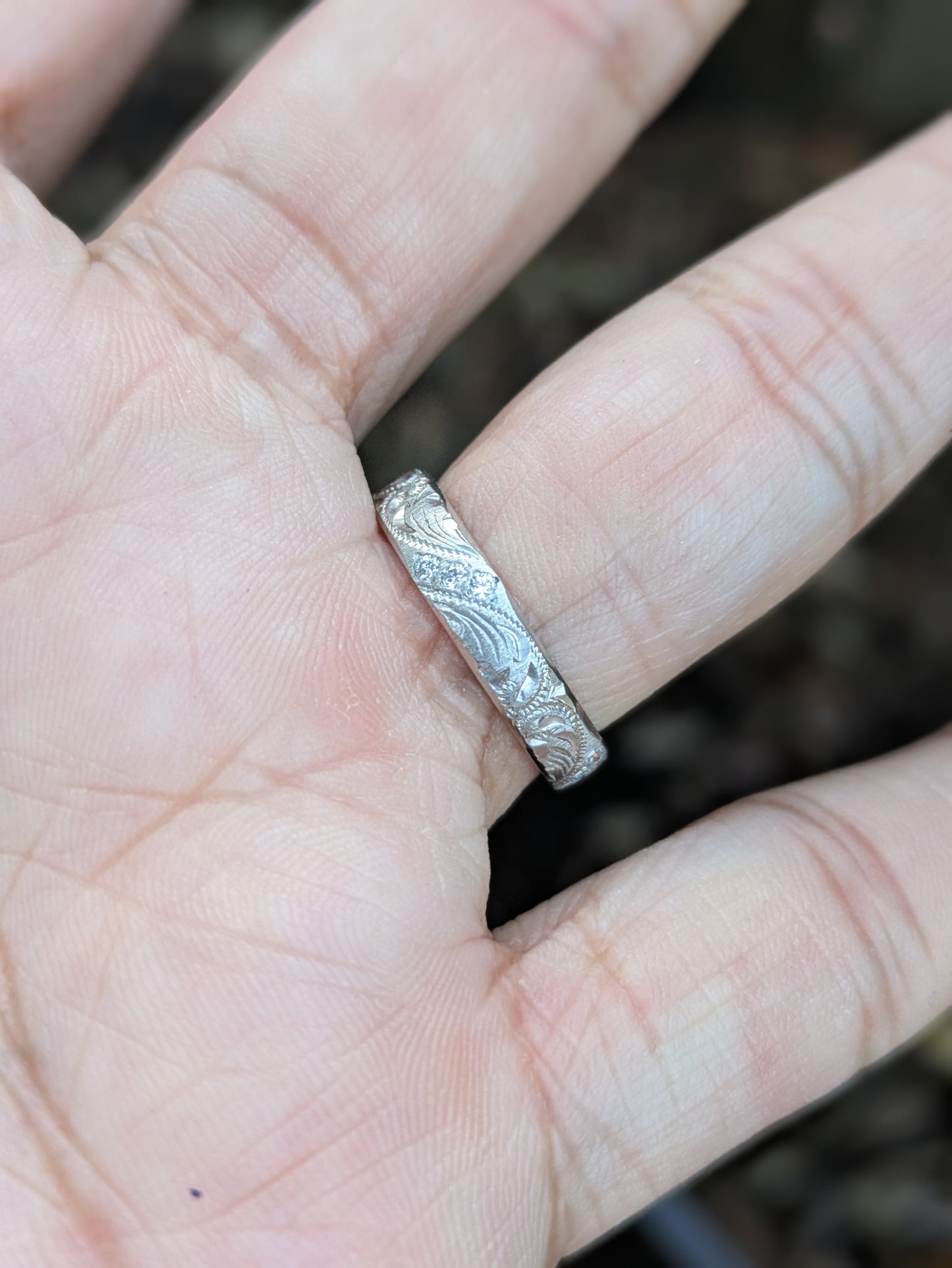 Platinum and Diamond Band with Swirl Engraving