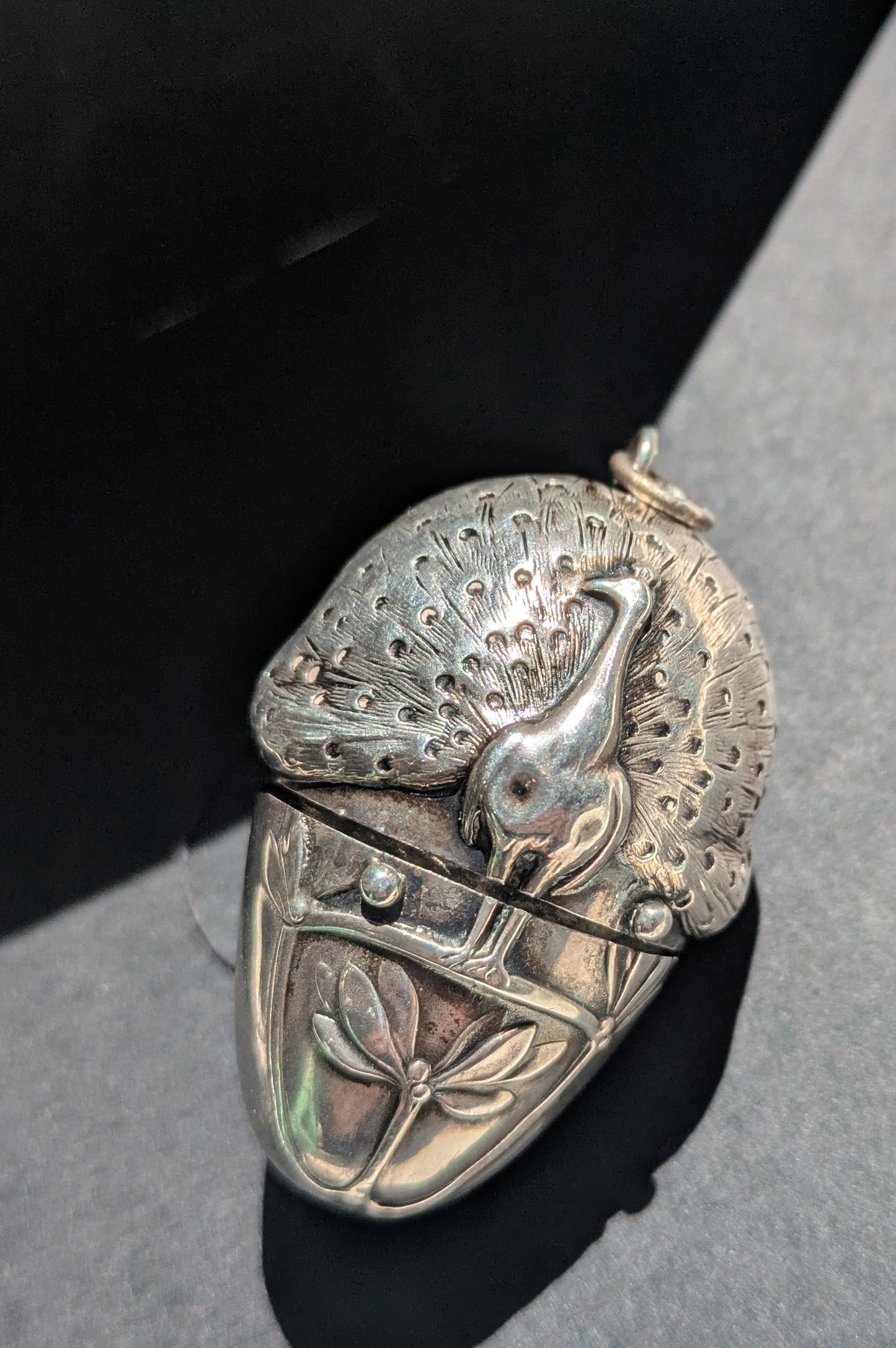 French Silver Art Nouveau Peacock Sewing Pendant