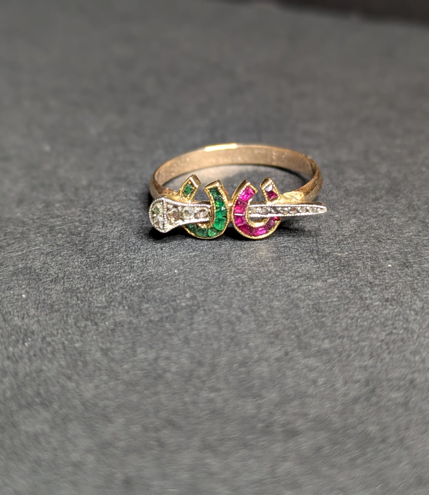 18k and Platinum Ruby and Emerald Horseshoe with Diamond Nail- Conversion to 14k Ring