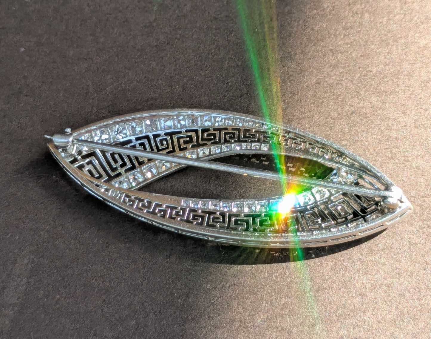 Art Deco Platinum Diamond Brooch Greek Key Pattern & Graduated OEC Diamonds