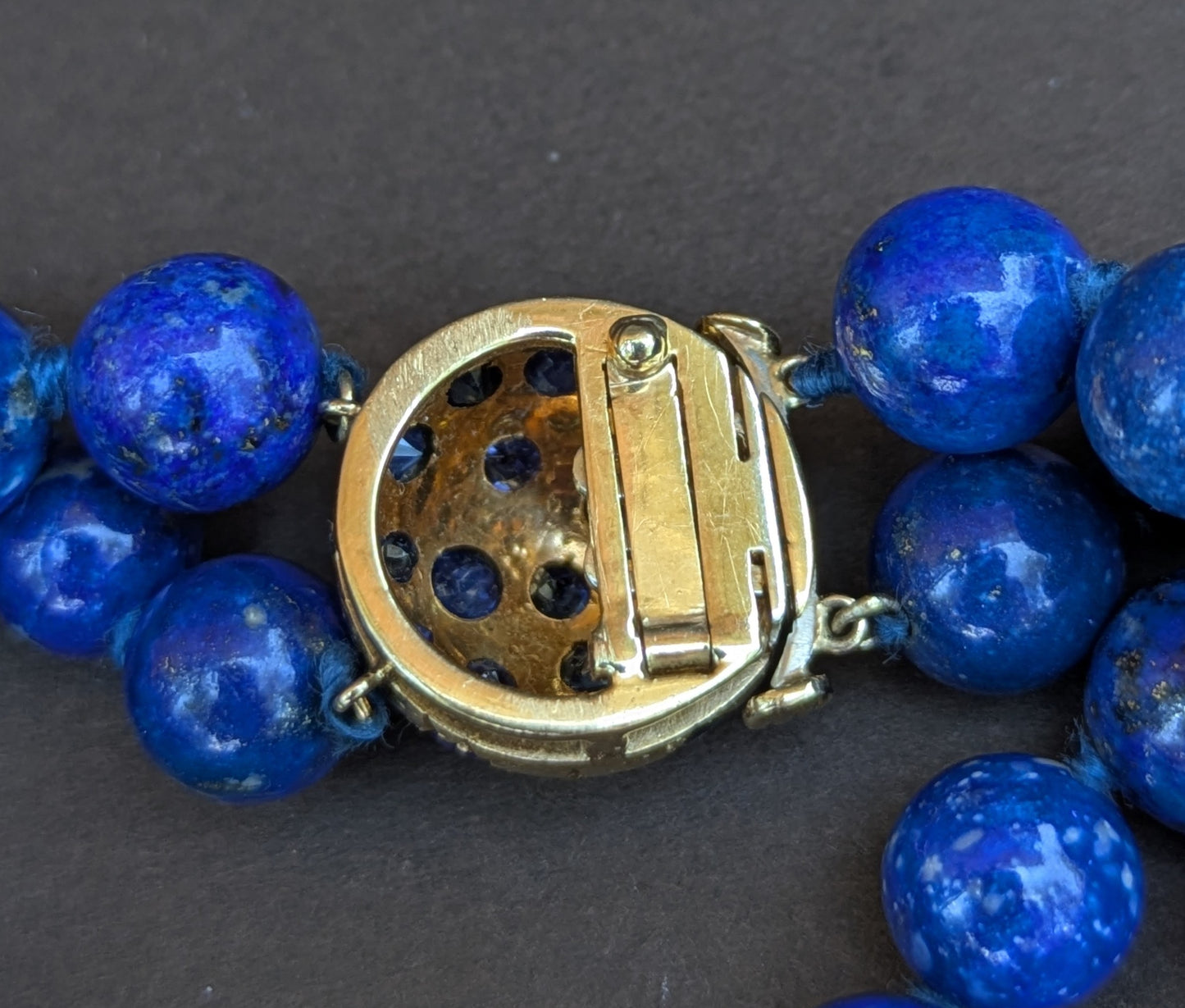 Double Strand Lapis Necklace with Sapphire, Domb Clasp- Double Safety, Restrung