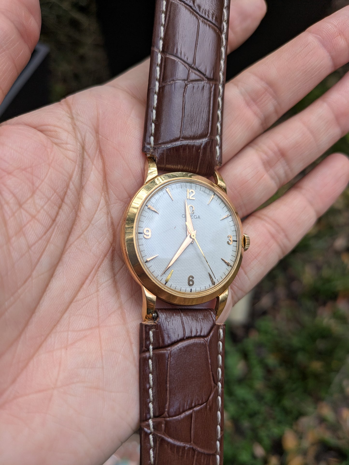 14kt Omega Watch, Automatic on Leather Strap