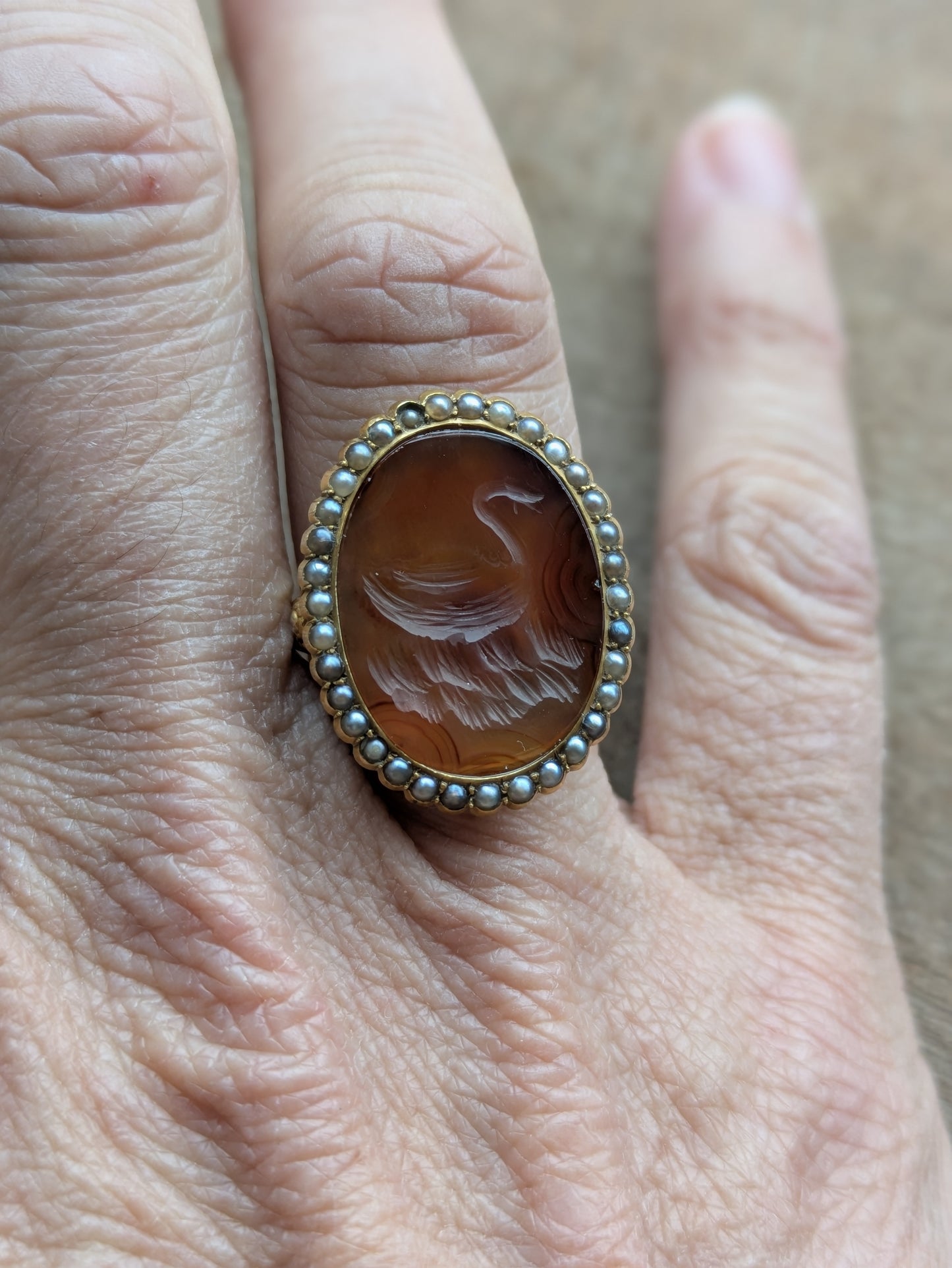 18k 1800's Swan Intaglio Ring with Seed Pearl Halo