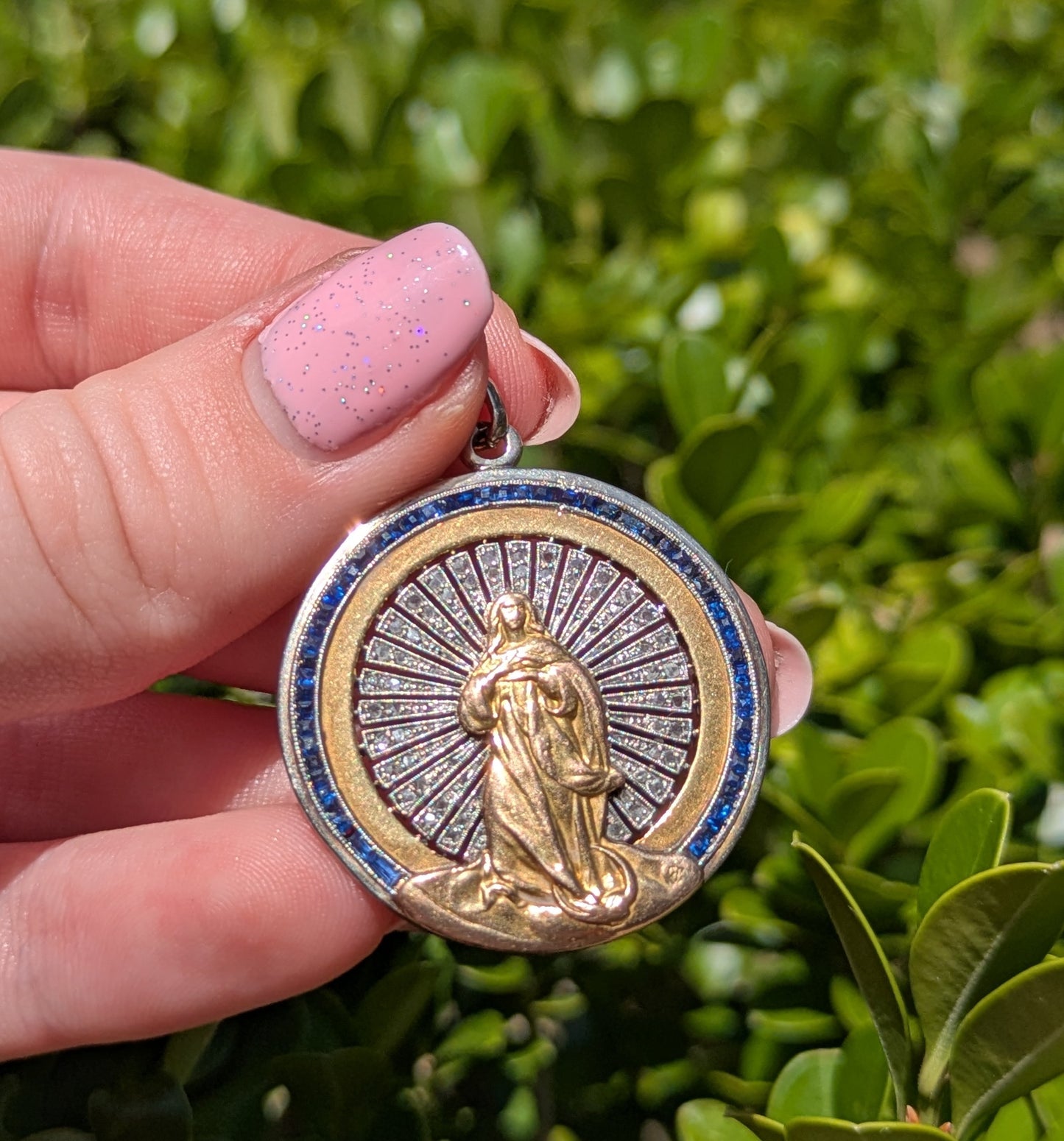 French 18kt & Platinum Art Deco Virgin Mary Surrounded by Single Cut Diamonds & French Cut Sapphires
