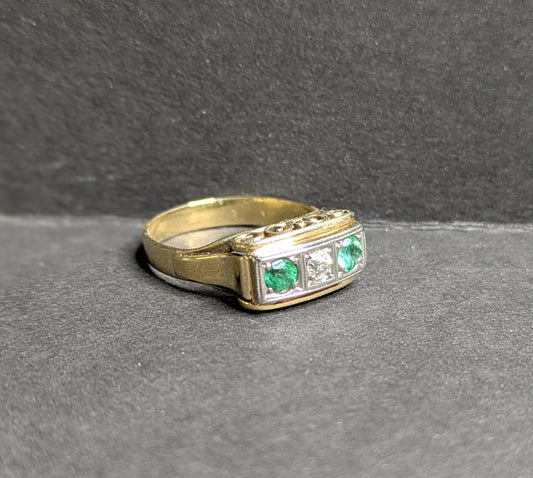 German 1950's 14k Three Stone Emerald and Diamond Ring