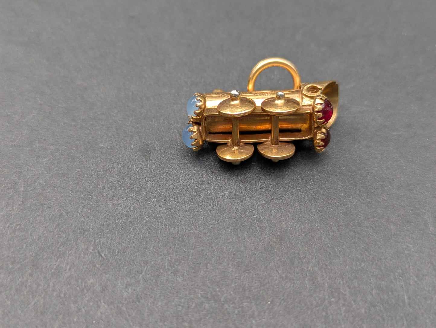 14kt Train Car Charm with Moonstone and Garnet