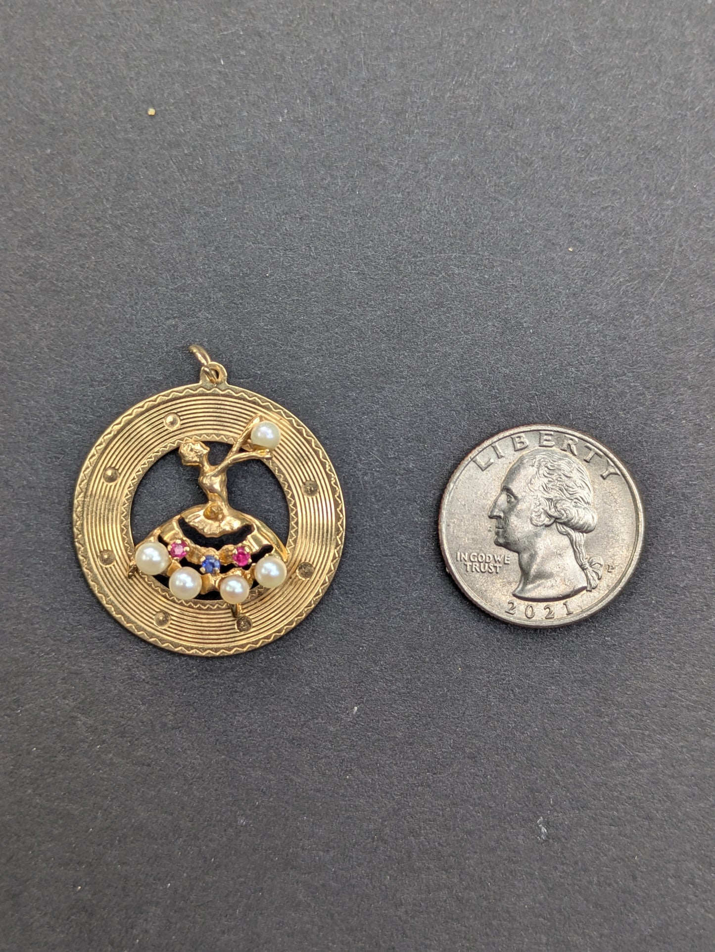 14k 1960's Disk Charm with 3D Ballerina with Pearl, Sapphire, and Ruby