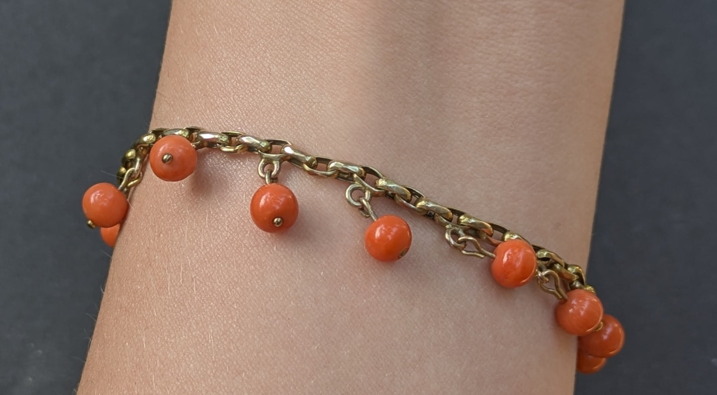 14Kt Coral bead and paperclip link bracelet, German 1920's
