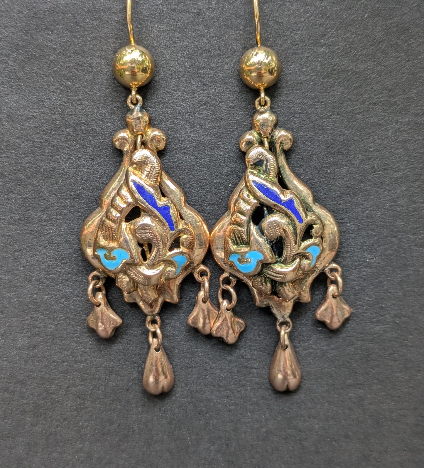 Fantastic Late 1800's Blue Enamel Earrings