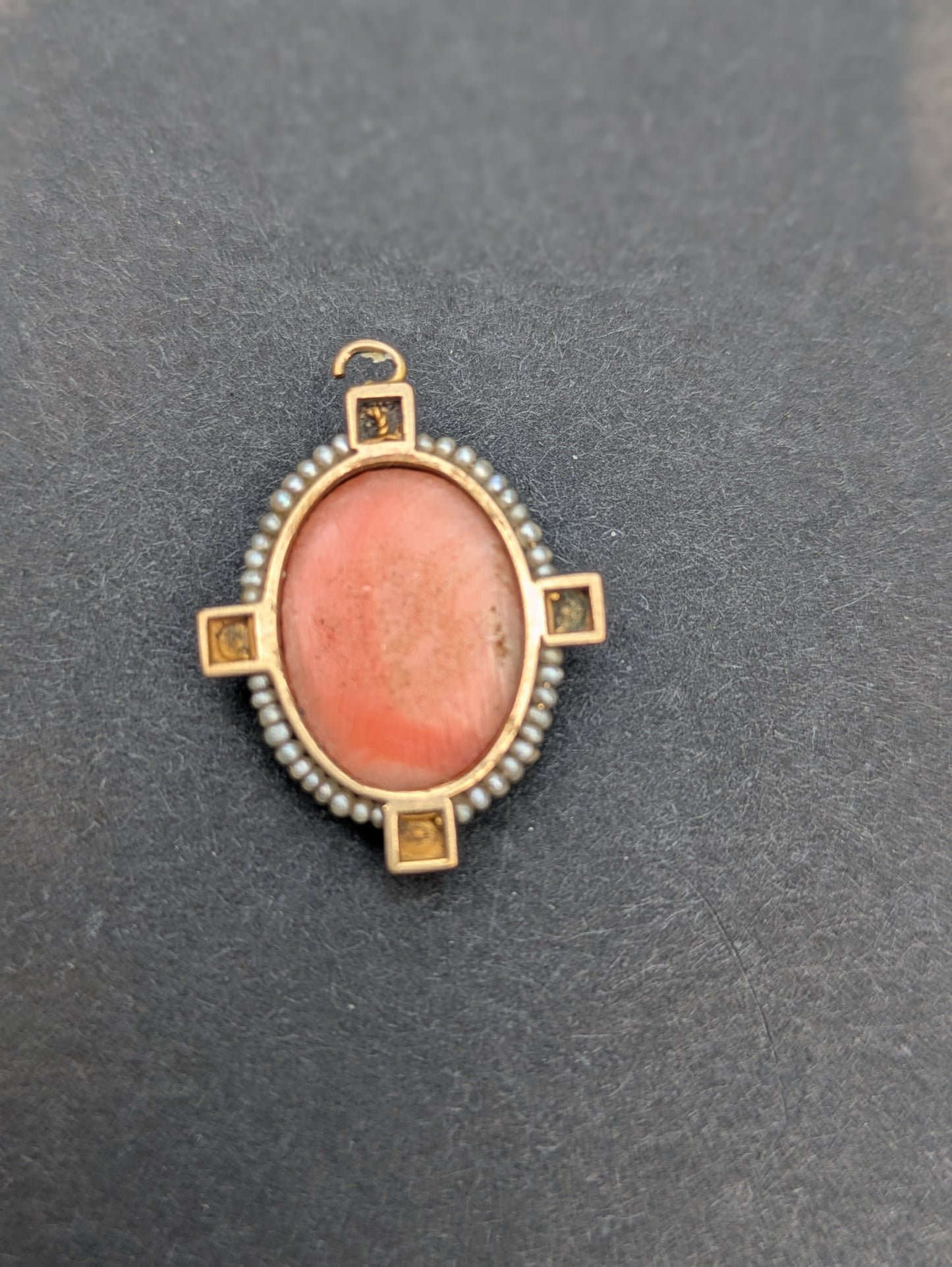 9k Victorian Era Carved Coral Cameo with Seed Pearl