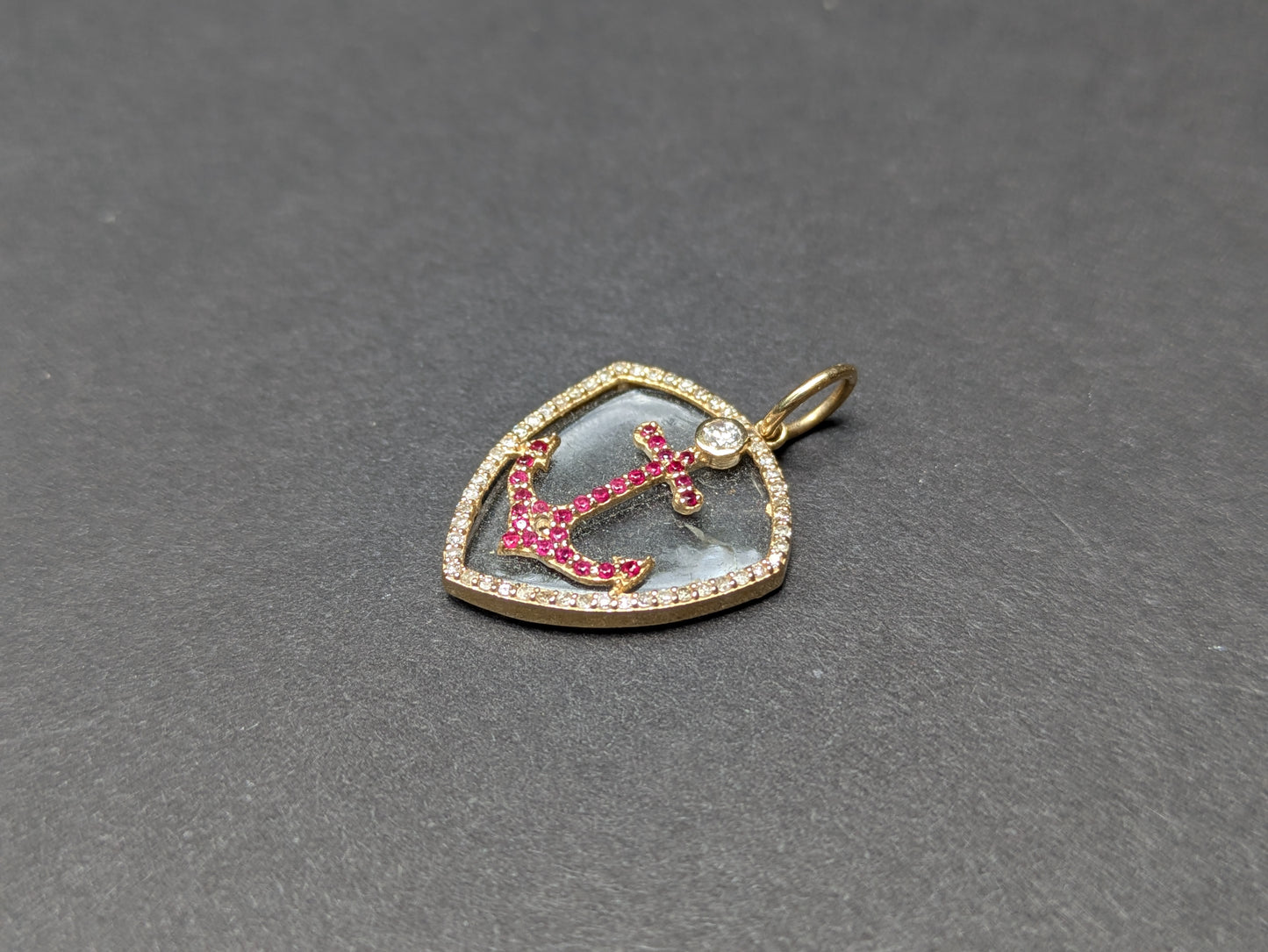 14k Rock Crystal, Ruby, and Diamond Anchor Pendant