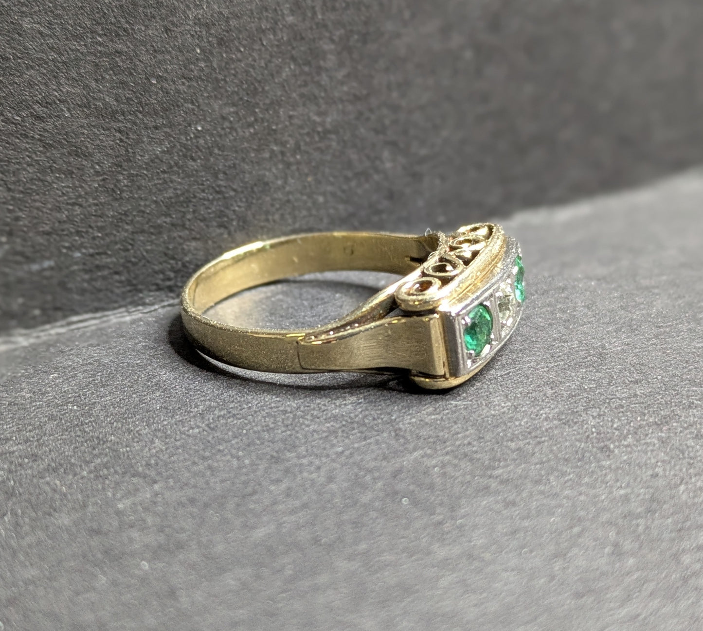 German 1950's 14k Three Stone Emerald and Diamond Ring